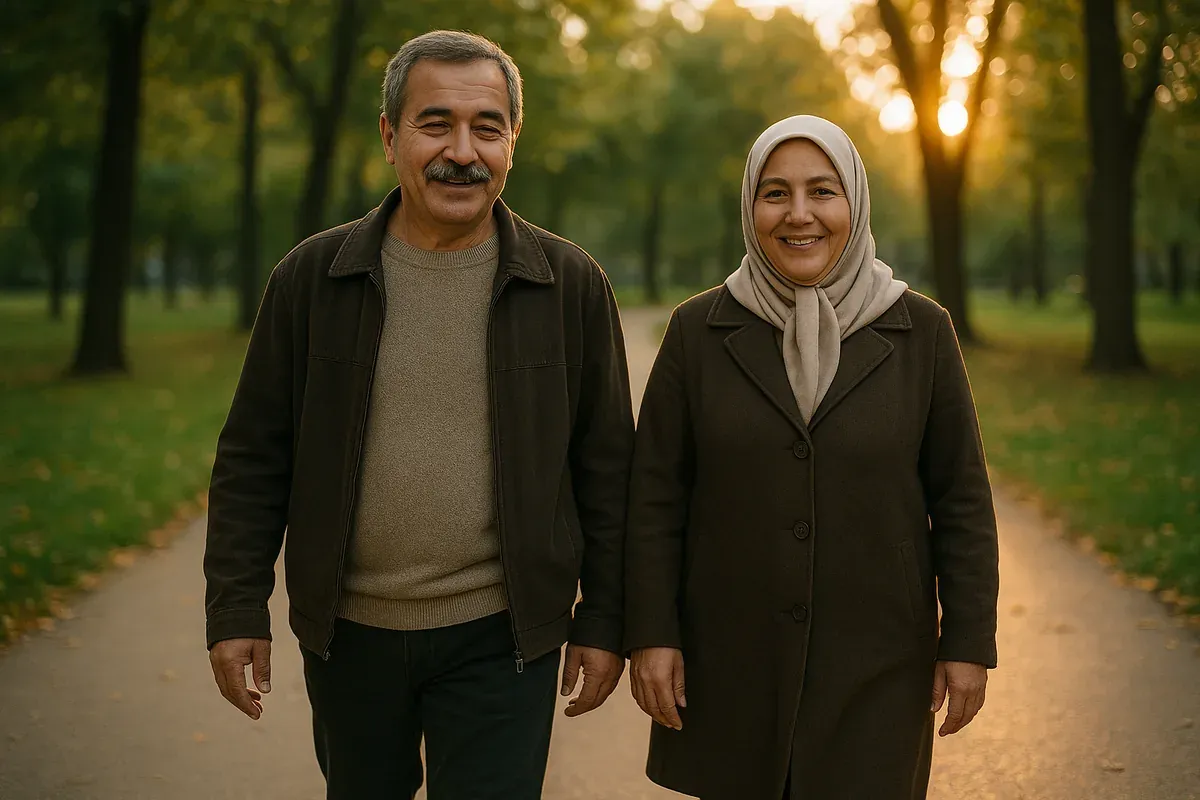 Akşam ışığında parkta yürüyüş yapan elli yaşlarında bir çift — Pro Caps'ın hedef kitlesi 40 yaş üstü erkekler