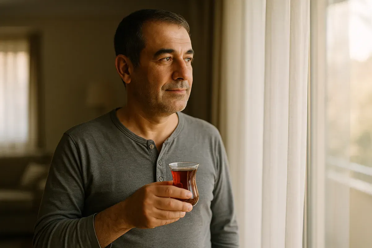 Sabah pencere kenarında çayını içen elli yaşlarında bir adam — Pro Caps'ın hedeflediği dinlenmiş bir sabah